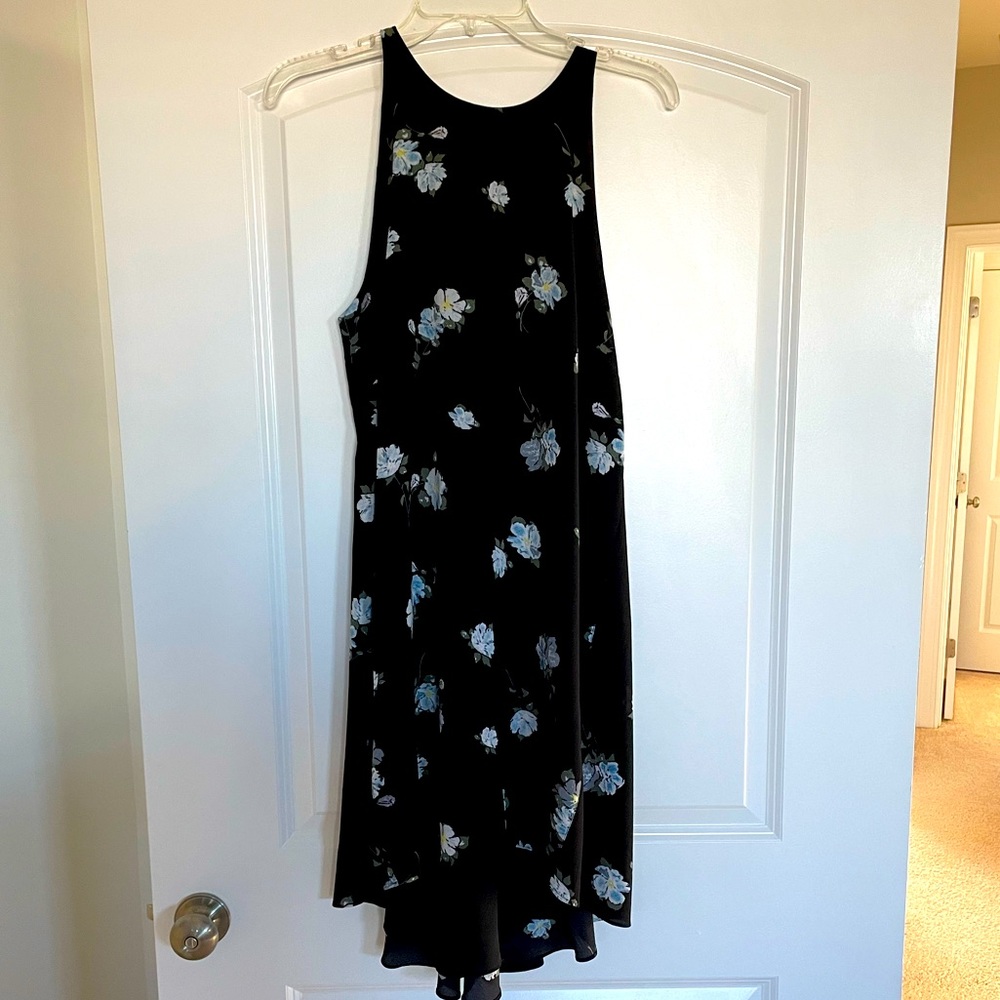 Black dress with blue florals, high neck, size medium.